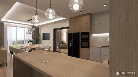 modern kitchen design featuring a sleek island and sophisticated cabinetry, utilizing Homestyler's real-time 3D rendering for effective remodeling previews.