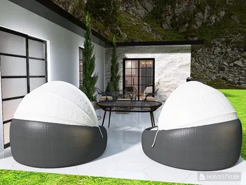 two modern outdoor chairs creating a cozy seating area in a contemporary patio design with lush greenery, utilizing Homestyler's real-time 3D rendering feature for quick visual previews