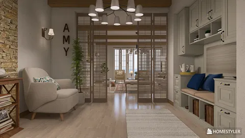 cozy living area featuring a comfortable armchair and wooden accent walls, designed using Homestyler's 3D rendering for an inviting atmosphere.