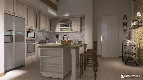 modern kitchen with interactive 3D design showcasing smart furniture arrangement and cozy atmosphere, emphasizing Homestyler's real-time 3D rendering feature for spatial optimization.