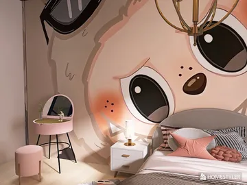 playful cartoon mural decorating a cozy bedroom, creating a whimsical atmosphere with a modern design touch, featuring Homestyler's real-time 3D rendering feature.