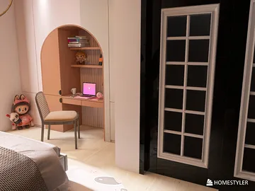 cozy study corner with desk and chair in a modern bedroom design featuring soft colors and playful decor, showcasing Homestyler's real-time 3D rendering feature for interior design.