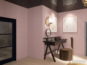 Elegant vanity area featuring a stylish makeup table and a plush stool, designed in a modern chic style for an intimate bedroom space; showcasing Homestyler's real-time 3D rendering functionality.