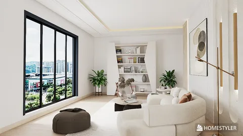 airy living room showcasing smart furniture arrangement in a modern design, highlighting the spaciousness with Homestyler's 3D rendering functionality.