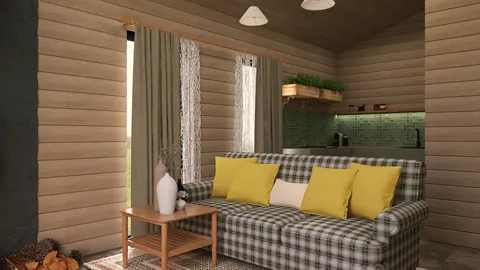 cozy living room with a plaid sofa and yellow cushions featuring a rustic design style, showcasing interior decor elements and utilizing Homestyler's real-time 3D rendering capability for an accurate visual preview.