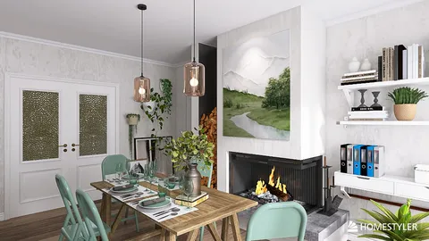 dining room with table setting featuring modern decor and wall art, designed using Homestyler's real-time 3D rendering for interior design visualization.
