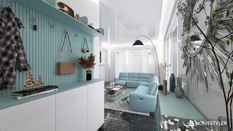Bright living room featuring a stylish teal accent wall and modern furniture arrangement in a contemporary style, showcasing 3D interior design with Homestyler's real-time rendering feature.