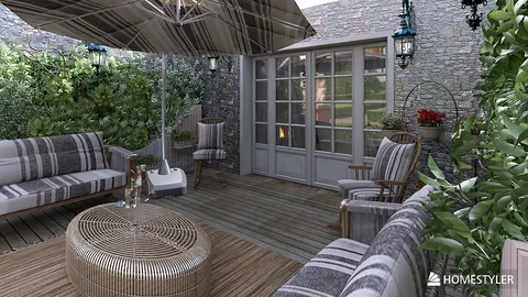 cozy outdoor seating area featuring a rustic design style with wooden decking and surrounded by lush greenery, showcasing Homestyler's real-time 3D rendering capability