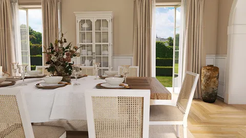 dining room with elegant table setting enhancing a modern farmhouse style using Homestyler's real-time 3D rendering feature
