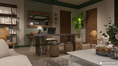 modern workspace with stylish furniture and decor creating a cozy atmosphere in a home office design, featuring Homestyler's real-time 3D rendering for quick visualization.