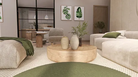 modern living room design featuring cozy furniture arrangement with natural tones and textures, emphasizing interior decor trends; utilizing Homestyler's real-time 3D rendering for effective design visualization.