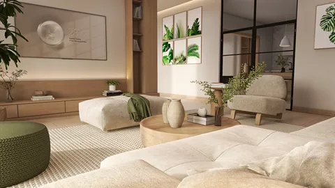 modern living room with soft furnishings and natural decor showcasing a cozy atmosphere, designed using Homestyler's real-time 3D rendering feature for an immersive interior design experience.