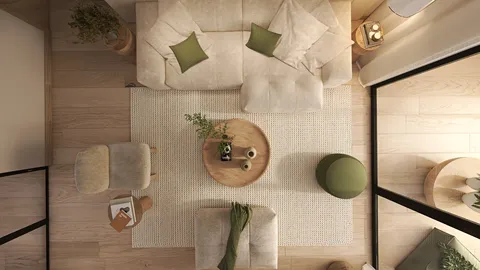 A cozy living room featuring modern furniture arrangement with a soft color palette, showcasing a serene atmosphere and optimized for small spaces using smart furniture placement from Homestyler.