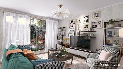 Living room interiors featuring a cozy seating arrangement with a modern design, showcasing vibrant colors and natural light, optimized using Homestyler's real-time 3D rendering for effective space visualization.