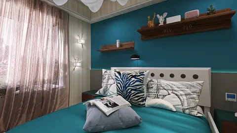 Cozy bedroom interior showcasing a teal accent wall with decorative elements, featuring a stylish bed arrangement and quality textiles, optimized using Homestyler's real-time 3D rendering for enhanced visualization.
