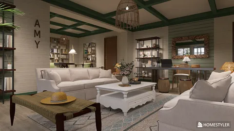 cozy living room with a plush sofa arrangement featuring floral decorations, designed in a rustic style, showcasing interior design aesthetics using Homestyler's real-time 3D rendering feature.