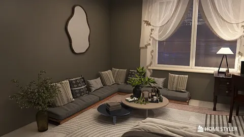 Cozy seating arrangement in a modern living room featuring a dark green wall, styled with indoor plants and ambient lighting, showcasing interior decor ideas using Homestyler's real-time 3D rendering feature.