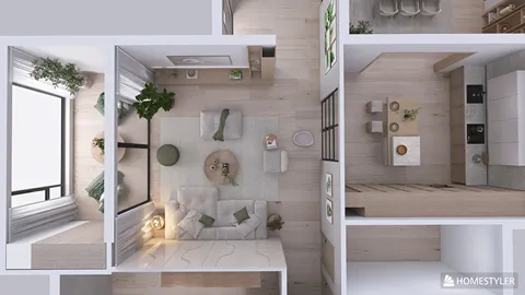 Stylish modern living room arrangement featuring a comfortable sofa and decorative plants, enhancing aesthetic appeal in a spacious interior. This design showcases Homestyler's real-time 3D rendering capability for quick visual previews.