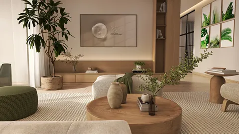 cozy living room with modern furniture arrangement showcasing natural elements in a minimalist style, featuring a spacious layout ideal for relaxation and socializing, created using Homestyler's real-time 3D rendering feature.