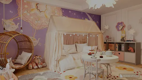 children's bedroom featuring a cozy tent bed and comfy seating area in a whimsical style, showcasing interior decor elements optimized for small space design using Homestyler's smart furniture arrangement feature.