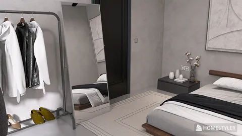 A modern bedroom featuring a stylish clothing rack with garments, a large floor mirror, and a minimalistic bed design, showcasing sophisticated interior decor and optimized space usage with Homestyler's real-time 3D rendering feature.