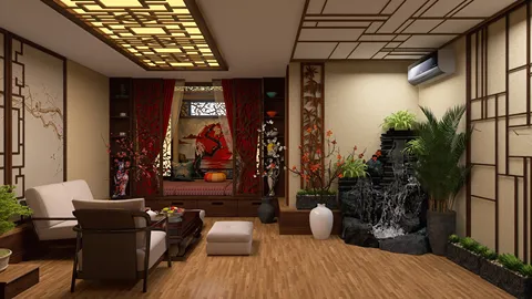 traditional living room design featuring a decorative waterfall and plants with a focus on serene ambiance, showcasing Homestyler's real-time 3D rendering capabilities for enhanced interior visualization.