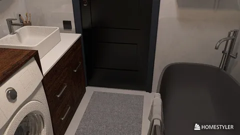 Modern bathroom design featuring a stylish wash basin and cabinetry with a washing machine, designed for small spaces using Homestyler's real-time 3D rendering feature.