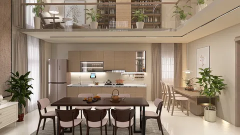 modern dining area with a large table and kitchen setup showcasing smart furniture arrangement in a spacious open-plan layout using Homestyler's real-time 3D rendering feature