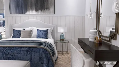 Modern bedroom design featuring elegant bedding layout and stylish accent decor, creating a serene space value; utilizing Homestyler's real-time 3D rendering for design previews.