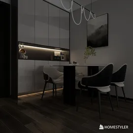 modern dining area featuring a sleek black table and stylish chairs designed using Homestyler's 3D rendering feature, showcasing contemporary aesthetics and effective space utilization.