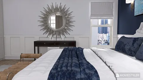 bedroom with a luxurious design featuring a stylish mirror and elegant bedding arranged in a modern coastal style, showcasing interior decor with Homestyler's real-time 3D rendering capability