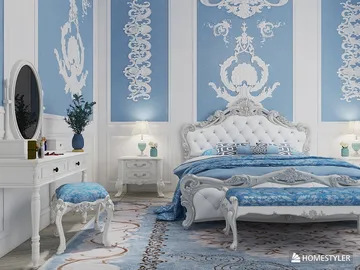 elegant bedroom design featuring a luxurious blue and white color palette with ornate furniture arrangement, showcasing Homestyler's 3D rendering capabilities for interior decor.