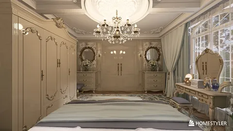 luxurious bedroom design with elegant furniture arrangement in classic style showcasing Homestyler's real-time 3D rendering feature for interior decor.