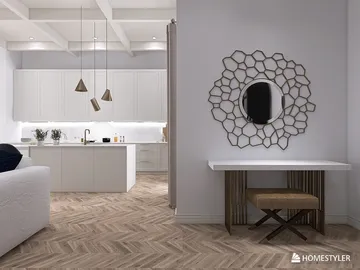 Modern kitchen and living room with smart furniture arrangement in a contemporary style, showcasing interior decor optimization using Homestyler's real-time 3D rendering feature.