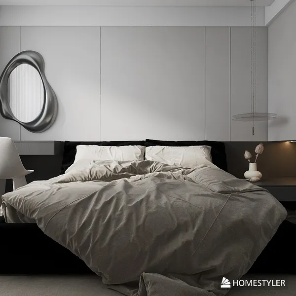 modern bedroom featuring a cozy bed arrangement with stylish bedding in a minimalist style, showcasing interior decor ideas optimized for small spaces using Homestyler's 3D rendering functionality.