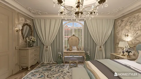 elegant bedroom design featuring a vintage chandelier and ornate furniture, showcasing a luxurious interior decor style, highlighting the realistic 3D rendering functionality of Homestyler.