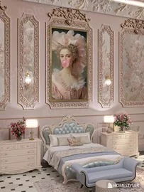 Luxurious bedroom design featuring an elegant bed arrangement with vintage decor, showcasing sophisticated classic style and enhanced by Homestyler's real-time 3D rendering feature.