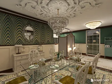 elegant dining room design featuring a glass dining table and stylish chairs with a vintage décor style, showcasing a sophisticated atmosphere using Homestyler's real-time 3D rendering feature.