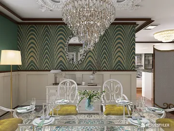 elegant living room featuring a crystal chandelier and vintage wall design, showcasing interior decor with a focus on Homestyler's real-time 3D rendering for stunning visual previews.