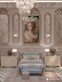 luxurious bedroom with elegant furnishings showcasing a classic design style, featuring soft pastel colors and ornate details, highlighting interior decor with a focus on Homestyler's real-time 3D rendering capability.