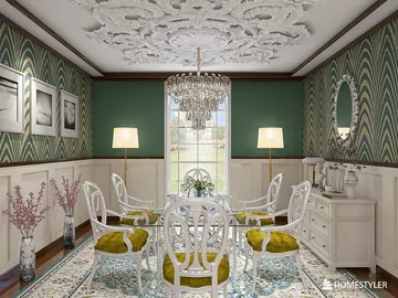 Elegant dining room featuring vintage furniture arrangement with a classic chandelier, showcasing a sophisticated style and enhancing the space's value; design created using Homestyler's real-time 3D rendering.