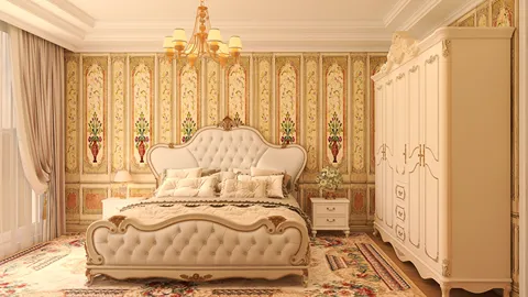 elegant bedroom design featuring a luxurious bed and vintage wardrobe in a classic style with intricate wallpaper detailing, emphasizing interior decor elements, utilizing Homestyler's real-time 3D rendering feature for an immersive design experience.