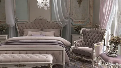 luxurious bedroom interior design featuring a plush bed and elegant seating arrangement, showcasing a classic style with intricate detailing; utilizing Homestyler's real-time 3D rendering feature for an immersive design preview.
