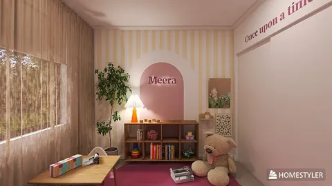 Children's bedroom designed with a pink and light yellow color scheme featuring a storybook theme, showcasing smart furniture arrangement for optimal space use with Homestyler's real-time 3D rendering.