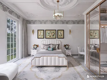 luxurious bedroom design featuring a stylish bed and elegant decor that enhances space value using Homestyler's real-time 3D rendering for design proposals