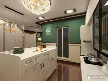 kitchen design showcasing an elegant island with smart furniture arrangement in a luxurious style, enhancing space efficiency using Homestyler's real-time 3D rendering feature.