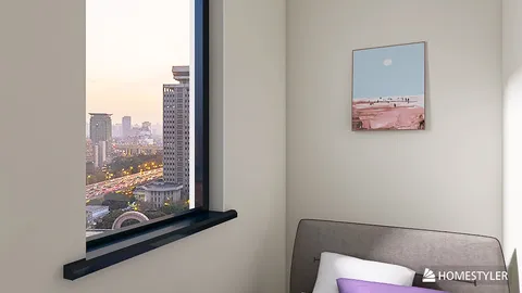 Cozy bedroom corner with a scenic city view featuring modern decor and soft lighting, optimized for small space design using Homestyler's real-time 3D rendering technology.