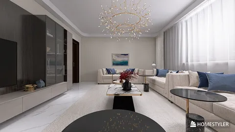 living room showcasing modern furniture arrangement in a contemporary style with a spacious layout emphasizing interior decor aesthetics, utilizing Homestyler's real-time 3D rendering feature