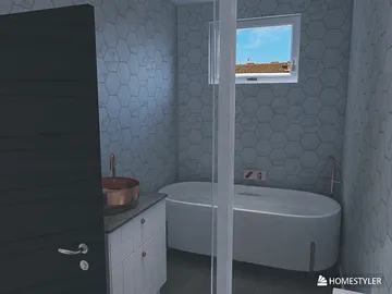 modern bathroom interior featuring a freestanding bathtub and elegant fixtures, utilizing Homestyler's real-time 3D rendering for an accurate space preview.