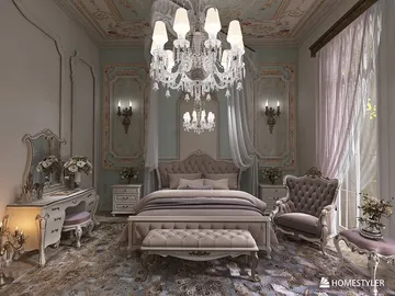 luxurious bedroom featuring elegant furnishings and a crystal chandelier, designed in a classic style, showcasing interior decor optimization using Homestyler's real-time 3D rendering feature.